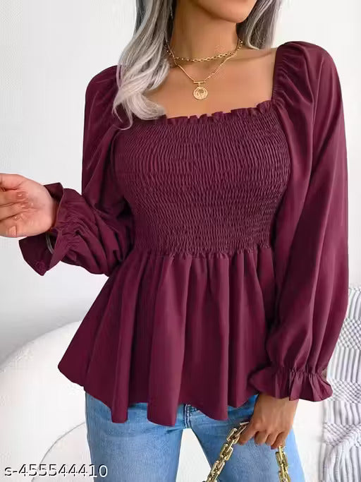 Maroon Ruched Peplum Top for Women - RX29