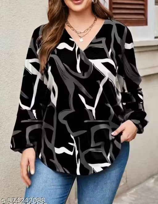 Curvy Black & White Abstract Print Top - RX37