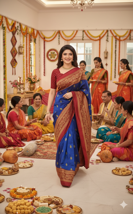 Royal Blue Mysore Silk Saree with Red Border & Gold Motifs - RX19