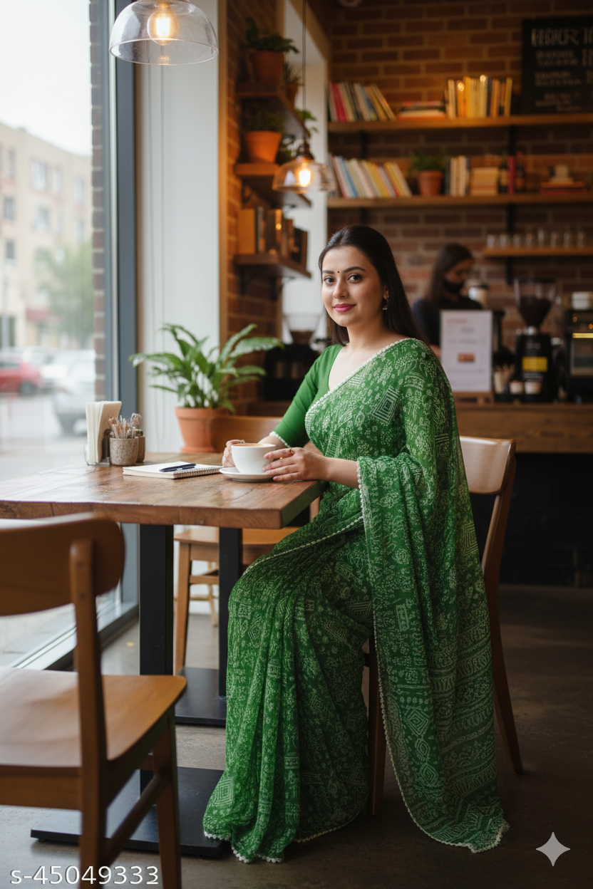 Green Printed Georgette Saree with Lace Border - RX13