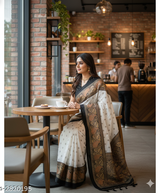 White & Black Mysore Silk Saree with Ethnic Pallu - RX20