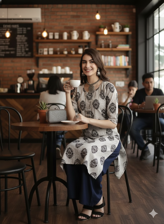 Grey Block Printed Motif Kurti - RX26