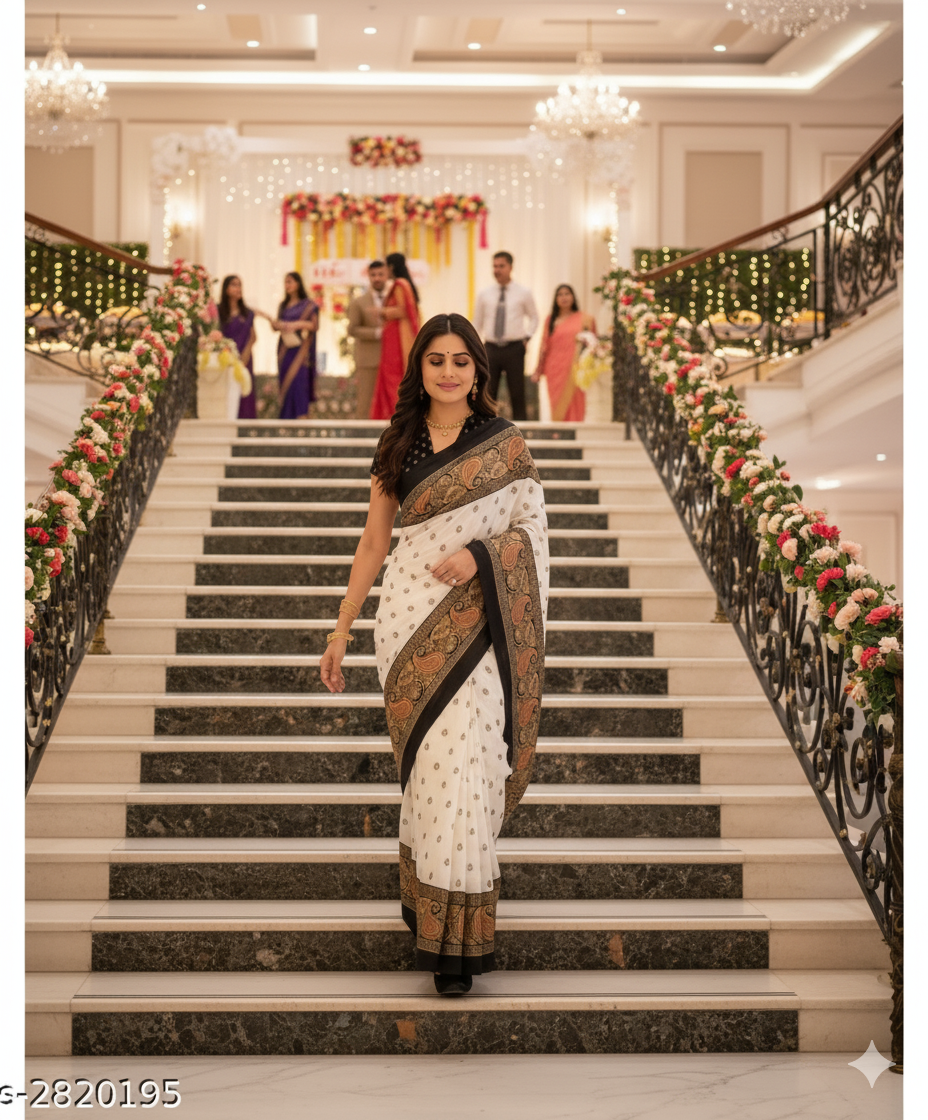 White & Black Mysore Silk Saree with Ethnic Pallu - RX20