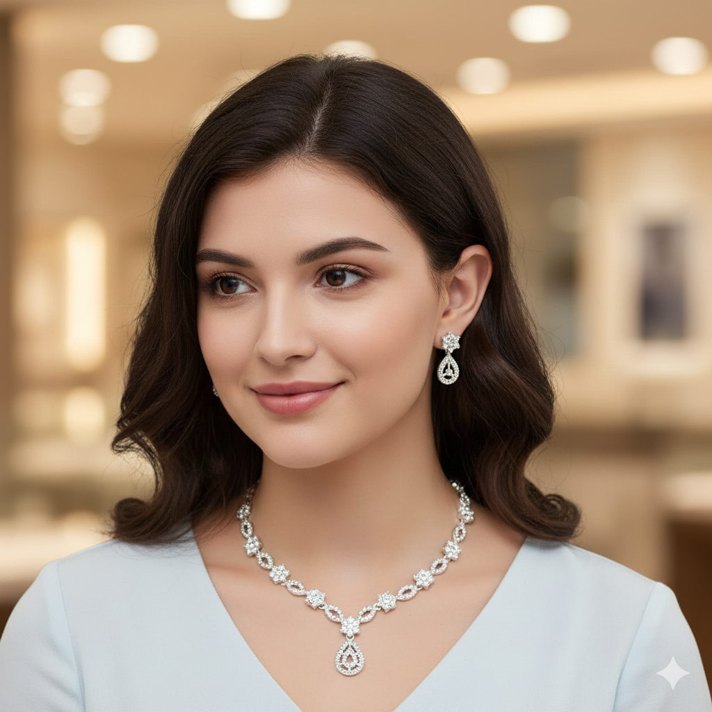 Elegant Silver-Toned American Diamond Jewellery Set | RX Consultant (RX49)