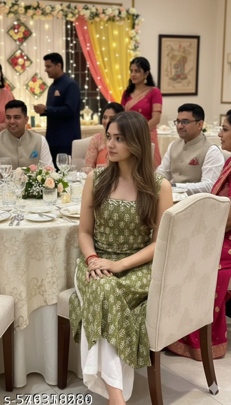 Olive Green Sleeveless Printed Kurti - RX11