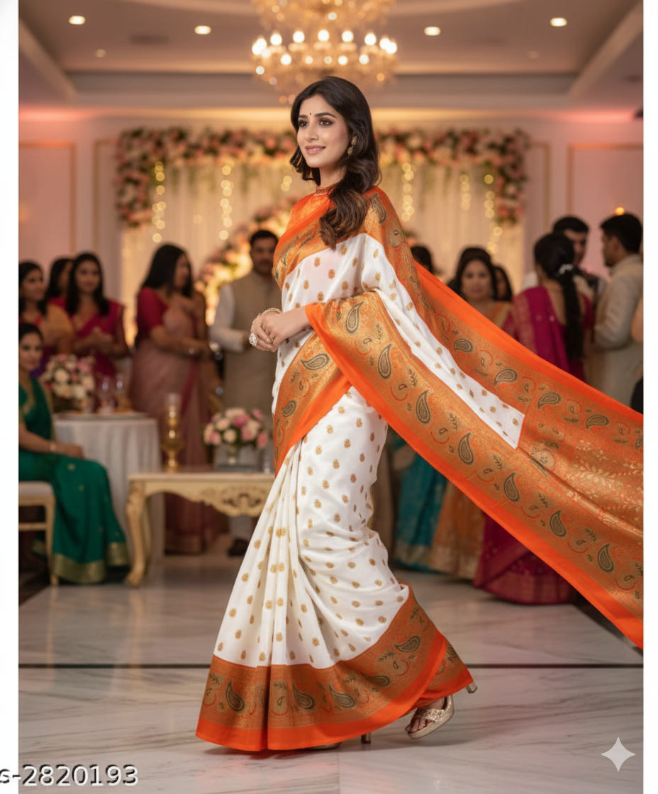 White & Orange Mysore Silk Saree with Paisley Border - RX22