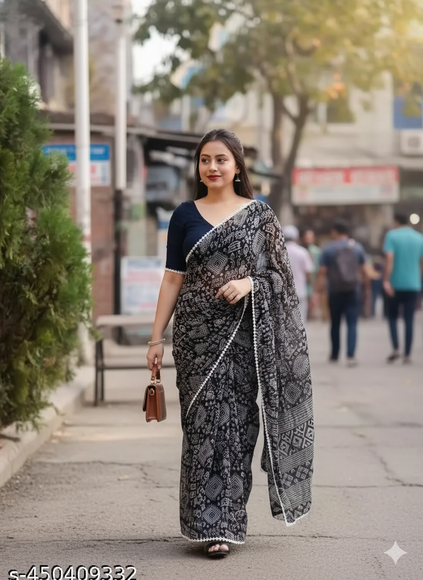 Black Printed Casual Saree - RX14