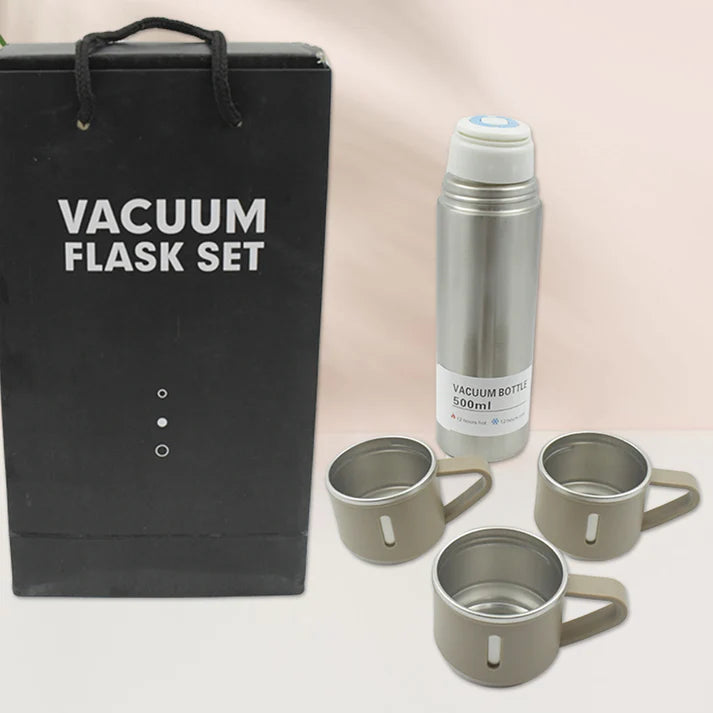 Stainless Steel Vacuum Flask Set with 3 Steel Cups