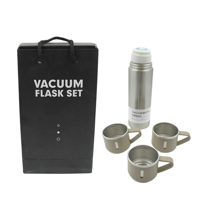 Stainless Steel Vacuum Flask Set with 3 Steel Cups