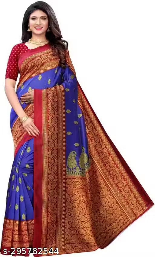 Royal Blue Mysore Silk Saree with Red Border & Gold Motifs - RX19