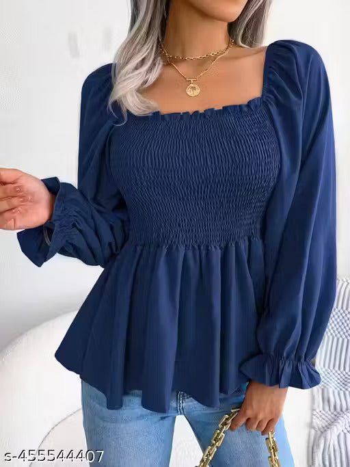 Navy Blue Smocked Peplum Top - RX28