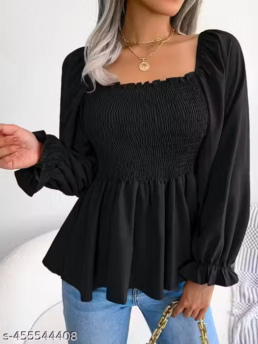 Black Peplum Top with Shirred Waist - RX30
