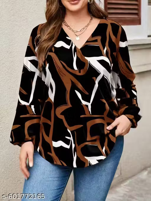 Plus Size Brown & Black Abstract V-Neck Top - RX38