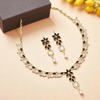 Elegant Black & White Crystal Flower Necklace Set with Pearl Drop |RX Consultant (RX47)