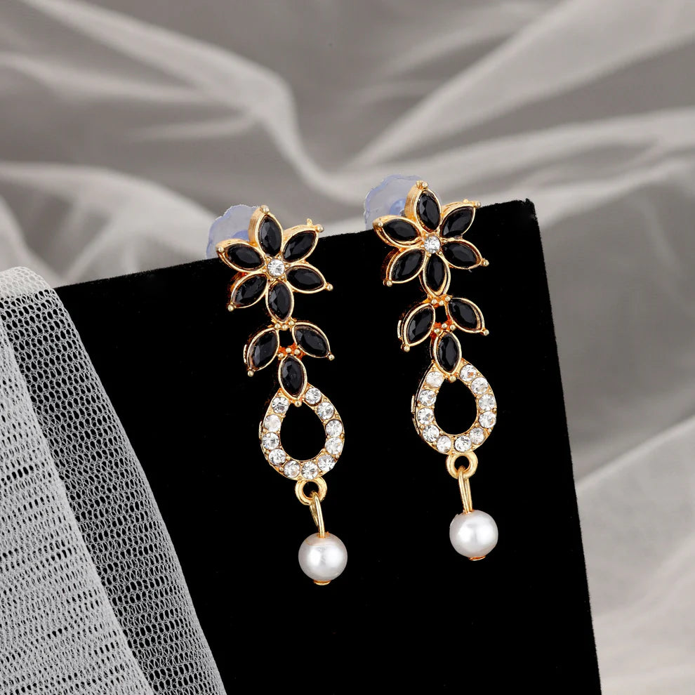 Elegant Black & White Crystal Flower Necklace Set with Pearl Drop |RX Consultant (RX47)