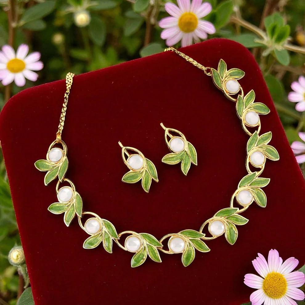 Gold-Toned Floral & Oval Motif AD Stone Necklace & Drop Earrings Set | (RX53)