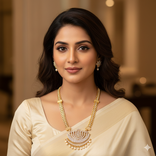 Majestic Gold-Tone Lotus Motif Pendant Necklace & Stud Earrings Set | RX Consultant (RX51)