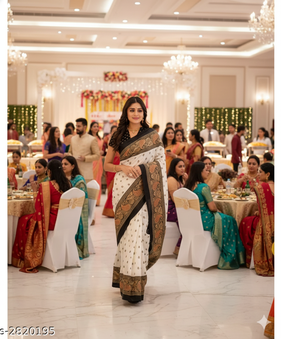 White & Black Mysore Silk Saree with Ethnic Pallu - RX20