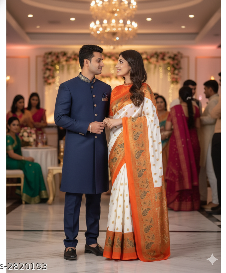 White & Orange Mysore Silk Saree with Paisley Border - RX22