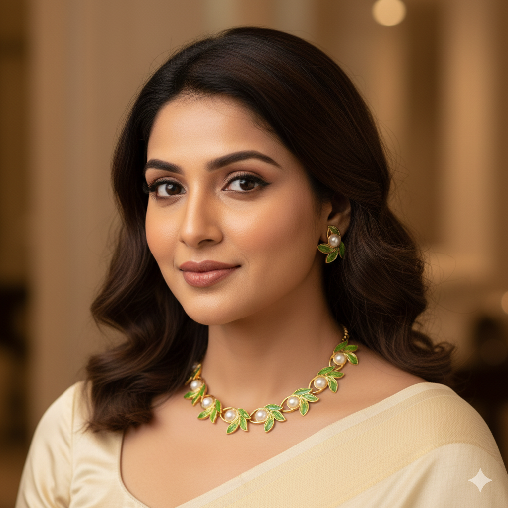 Gold-Toned Floral & Oval Motif AD Stone Necklace & Drop Earrings Set | (RX53)