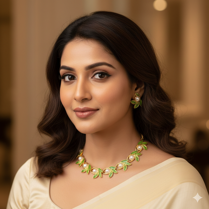 Gold-Toned Floral & Oval Motif AD Stone Necklace & Drop Earrings Set | (RX53)