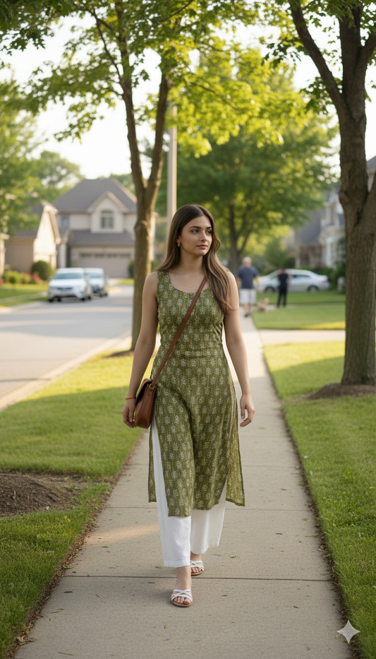Olive Green Sleeveless Printed Kurti - RX11