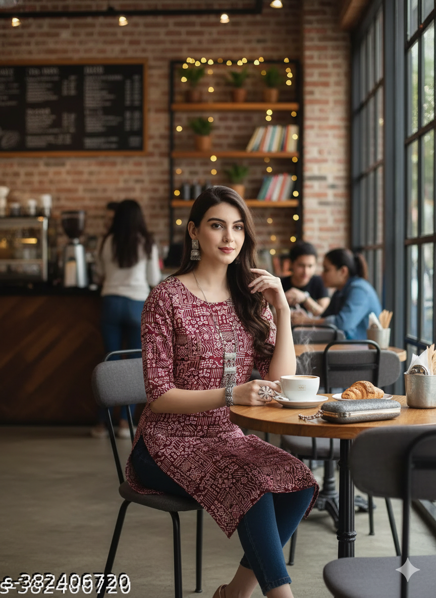 Maroon Abstract Printed Straight Kurti for Jeans - RX23