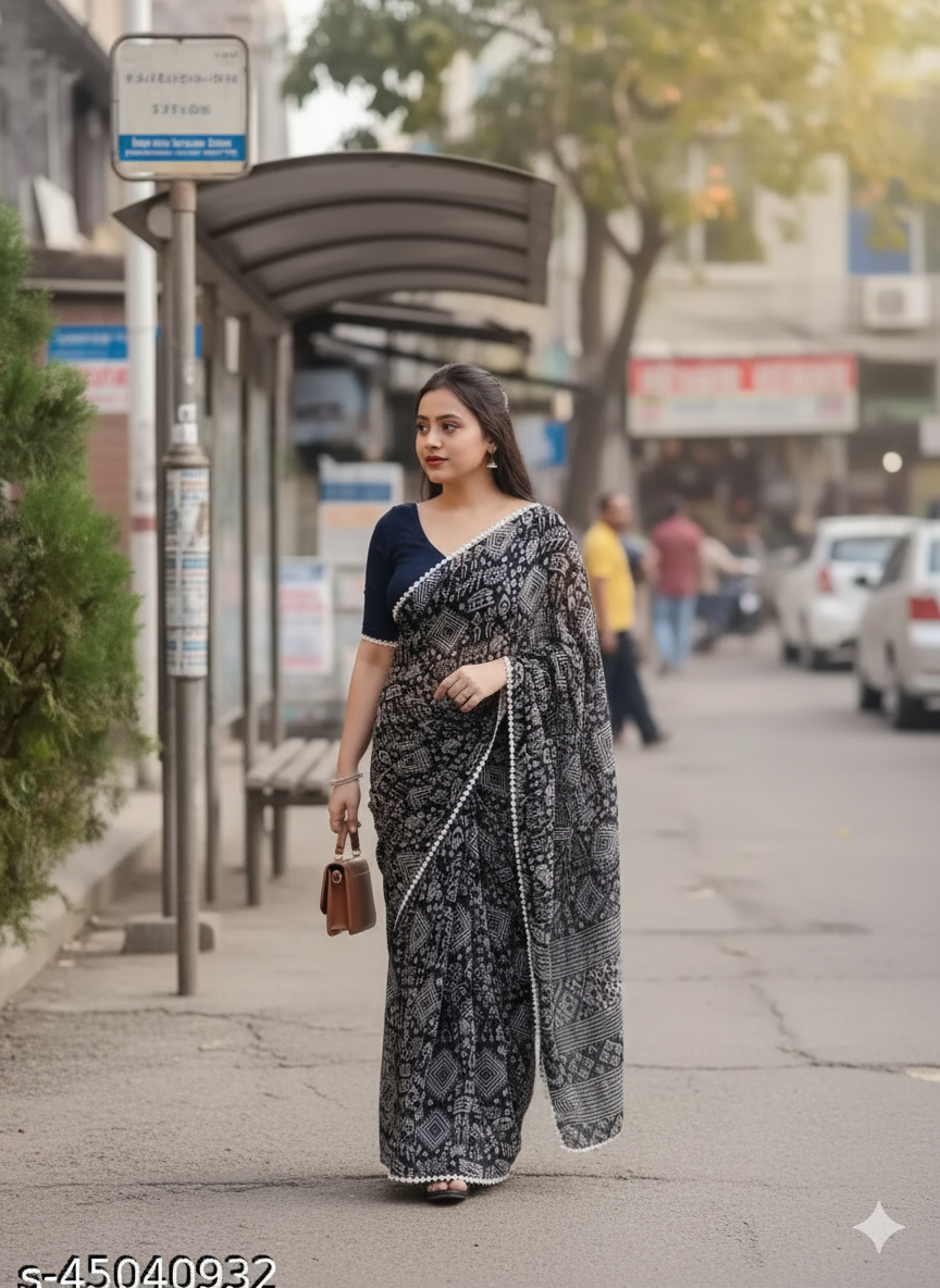 Black Printed Casual Saree - RX14