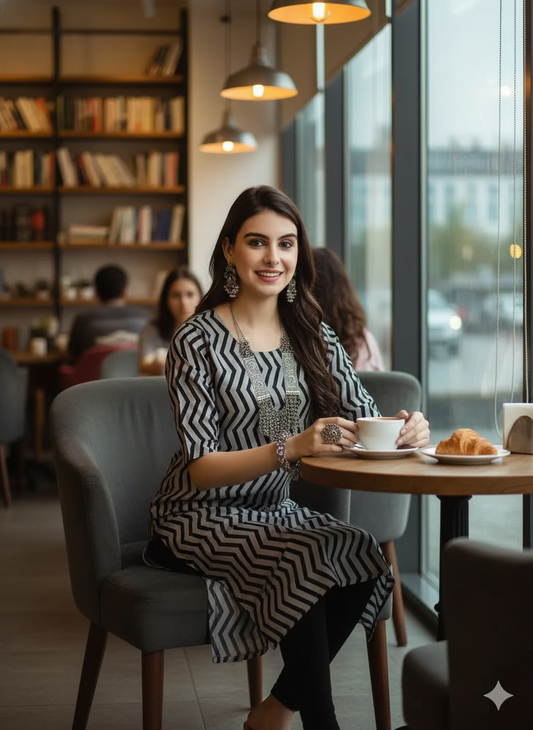 Black & Grey Geometric Chevron Print Kurti - RX25