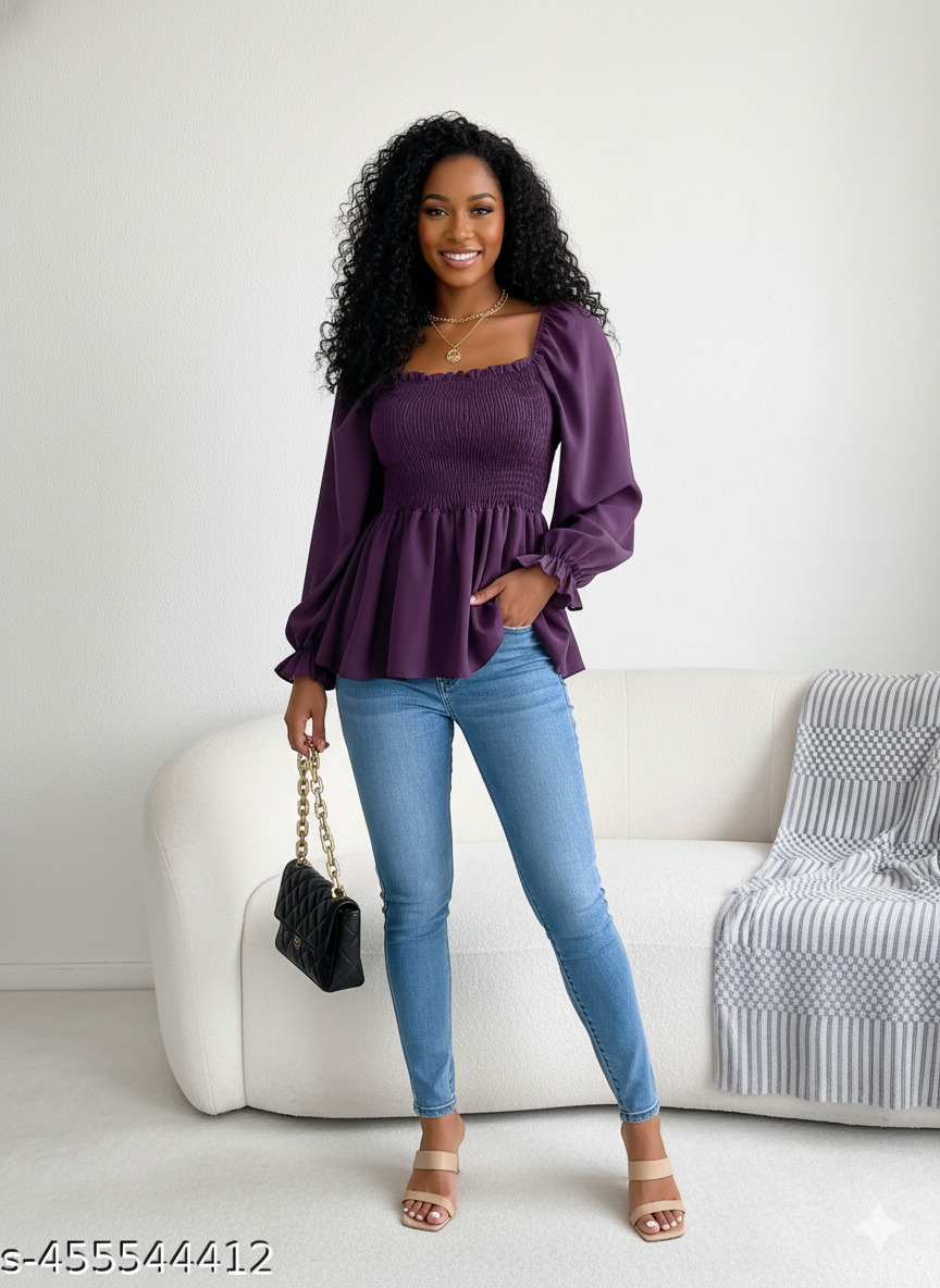 Purple Shirred Peplum Top - RX27