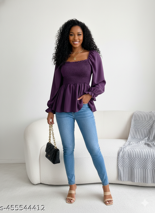 Purple Shirred Peplum Top - RX27