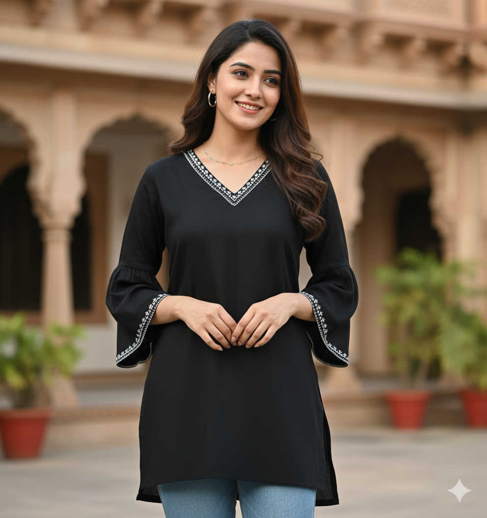 Black Short Kurti with White Thread Work - RX40