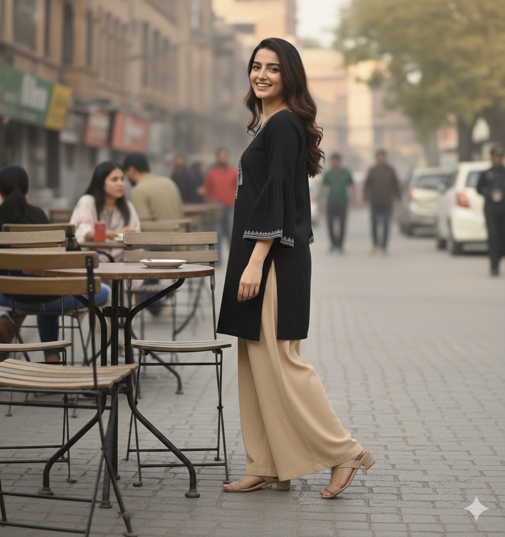 Black Short Kurti with White Thread Work - RX40