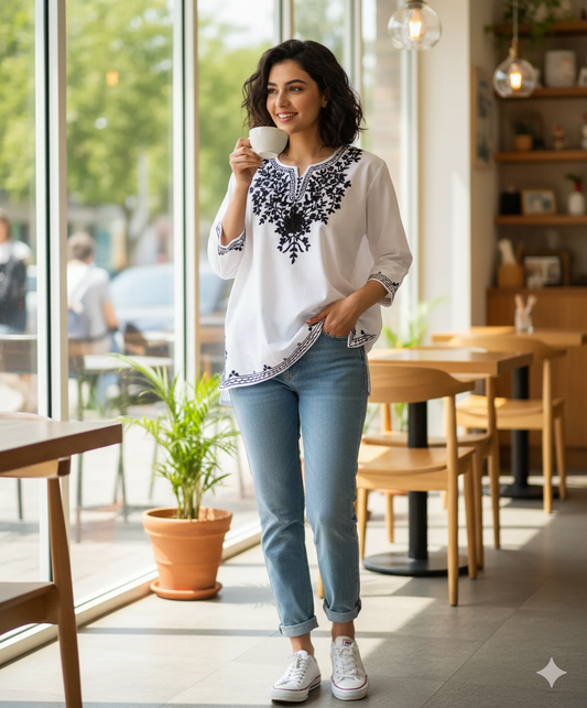 White Aari Embroidered Short Kurti for Women - RX39