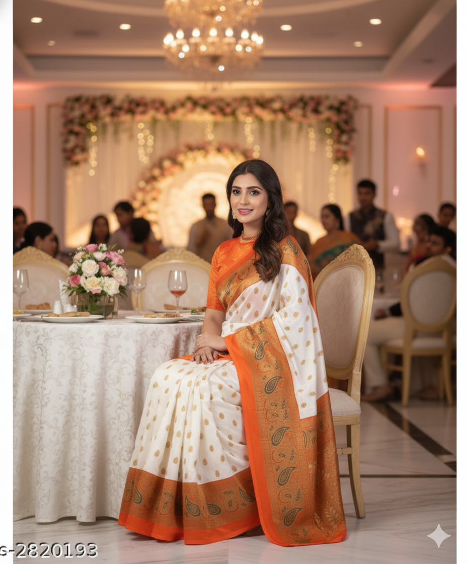 White & Orange Mysore Silk Saree with Paisley Border - RX22