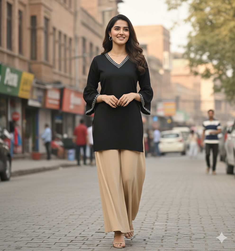 Black Short Kurti with White Thread Work - RX40