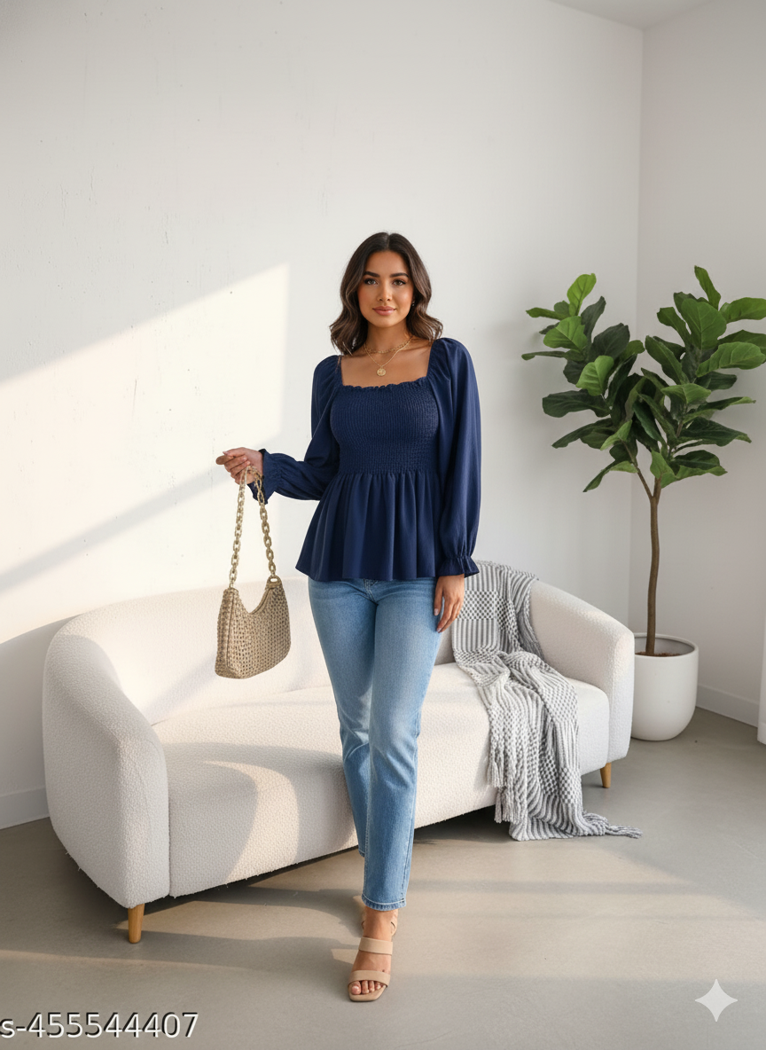 Navy Blue Smocked Peplum Top - RX28