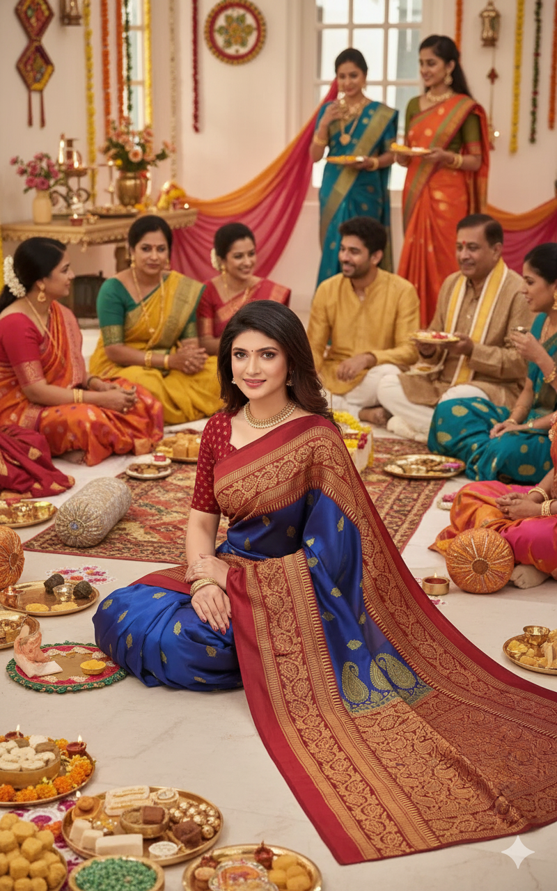 Royal Blue Mysore Silk Saree with Red Border & Gold Motifs - RX19