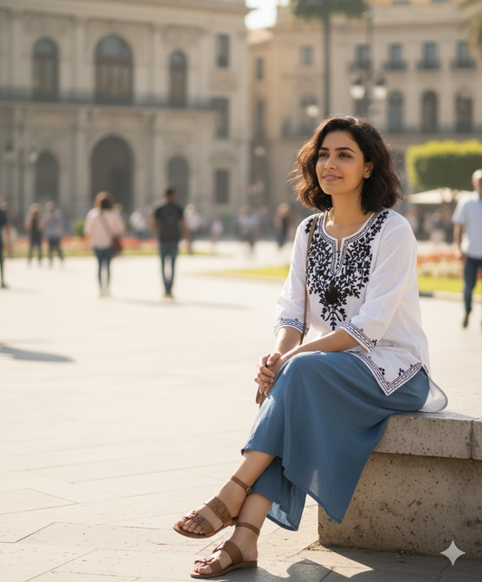 White Aari Embroidered Short Kurti for Women - RX39