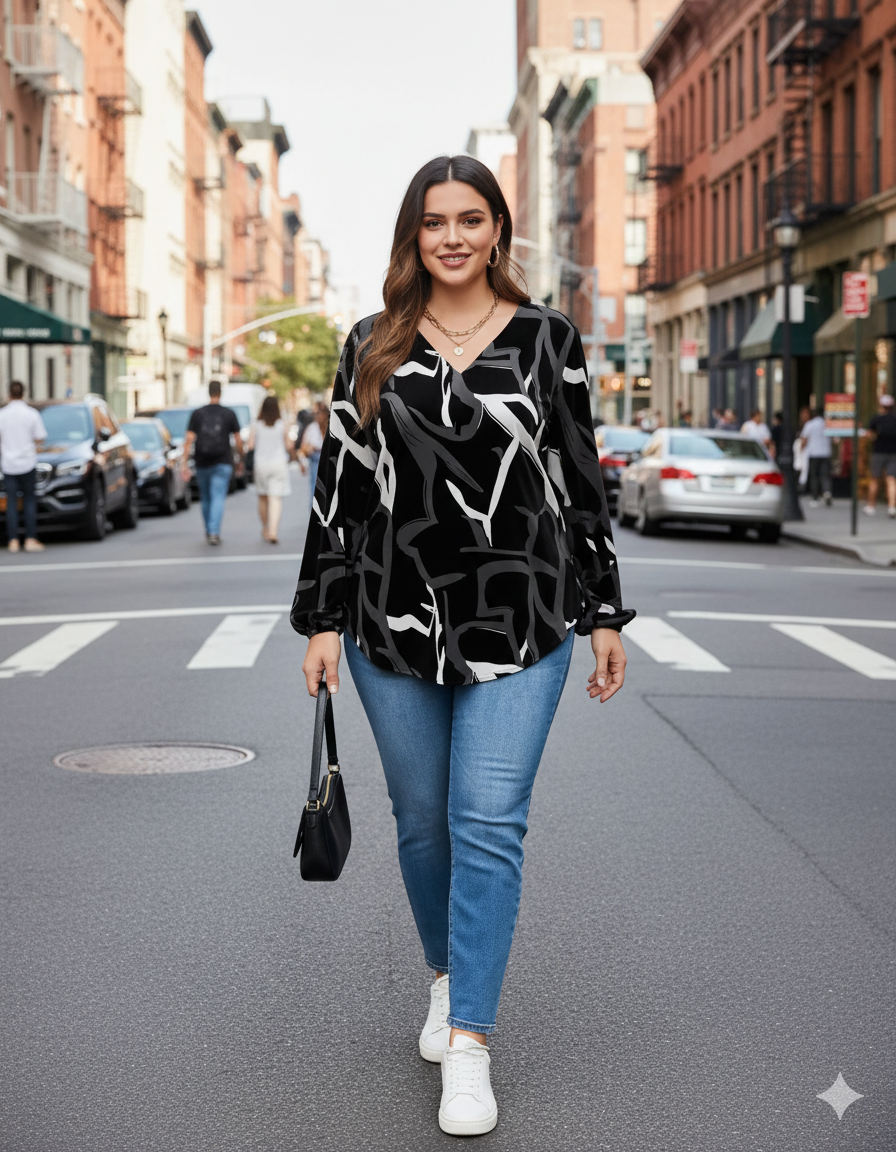 Curvy Black & White Abstract Print Top - RX37