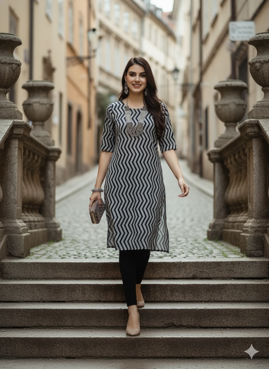Black & Grey Geometric Chevron Print Kurti - RX25