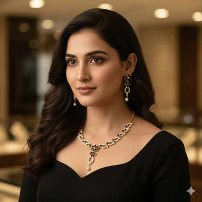 Elegant Black & White Crystal Flower Necklace Set with Pearl Drop |RX Consultant (RX47)