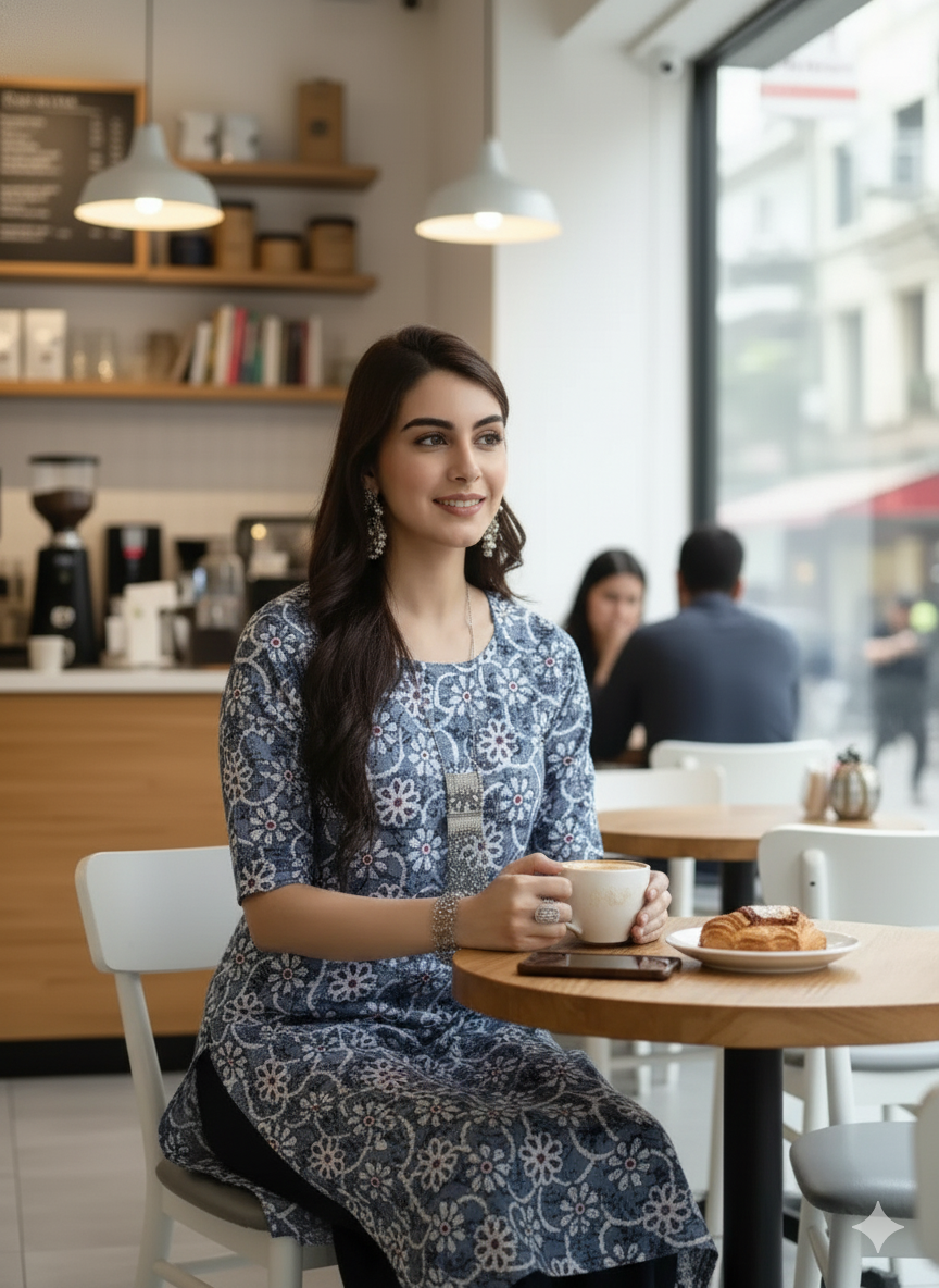 Light Blue Floral Printed Cotton Kurti for Women - RX24