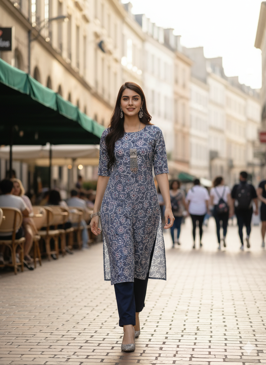 Light Blue Floral Printed Cotton Kurti for Women - RX24