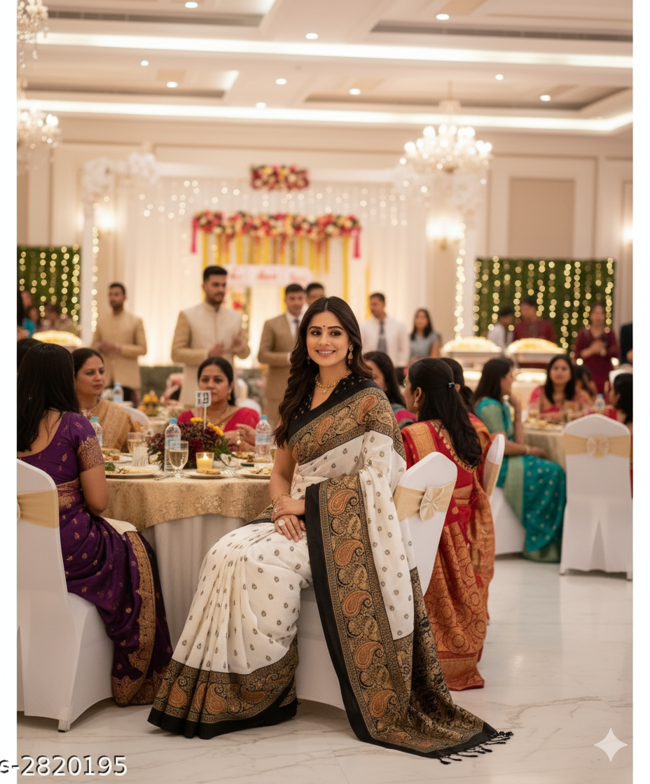 White & Black Mysore Silk Saree with Ethnic Pallu - RX20