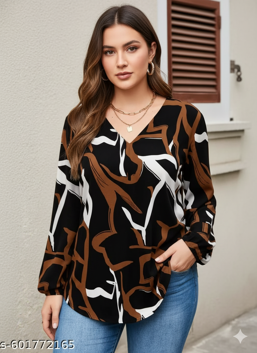 Plus Size Brown & Black Abstract V-Neck Top - RX38