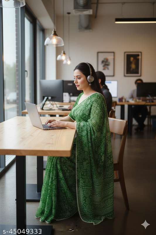 Green Printed Georgette Saree with Lace Border - RX13