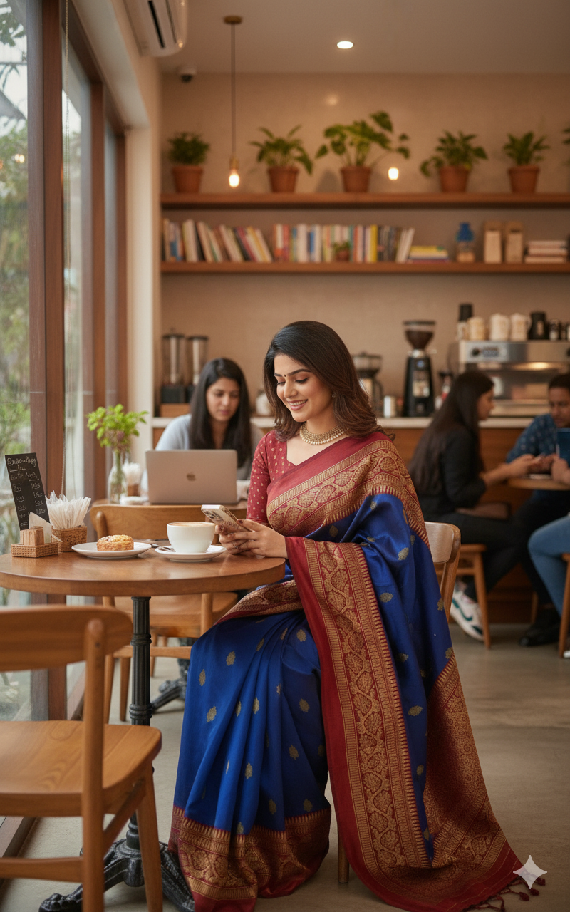 Royal Blue Mysore Silk Saree with Red Border & Gold Motifs - RX19
