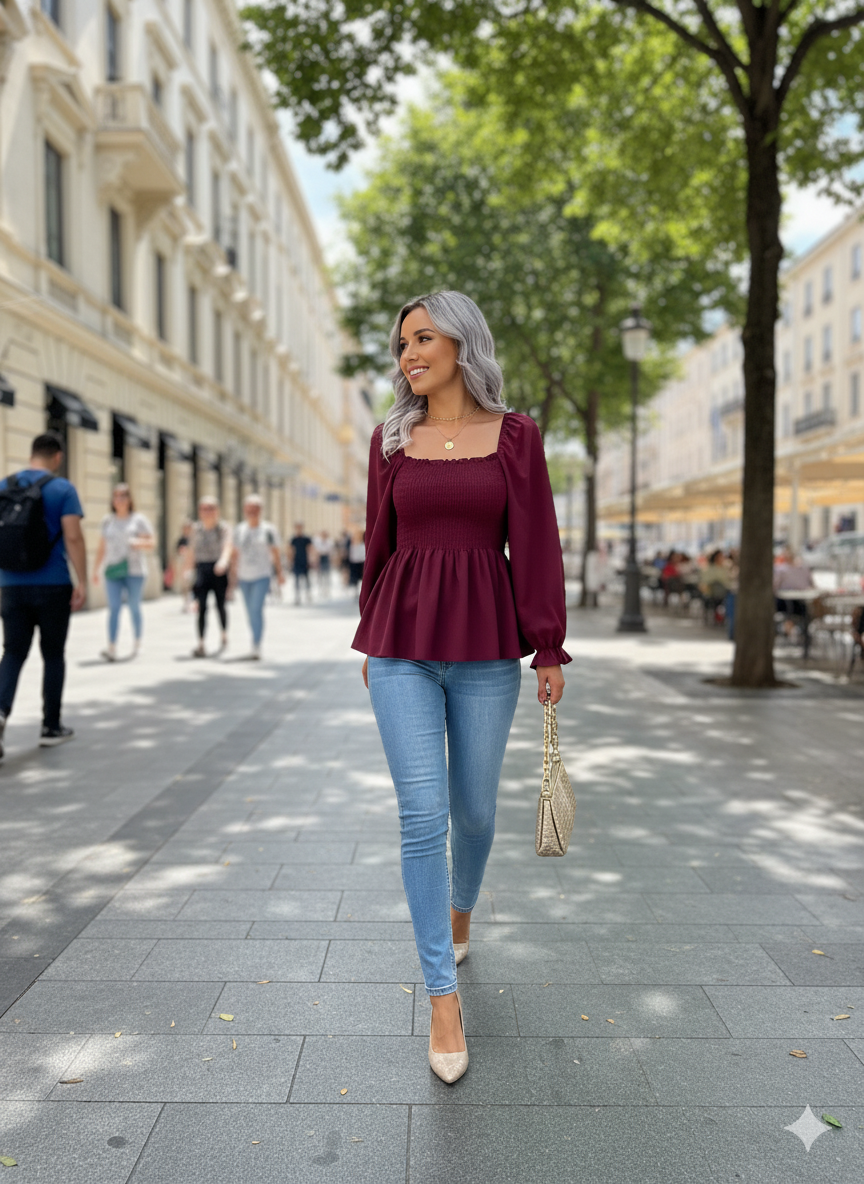 Maroon Ruched Peplum Top for Women - RX29