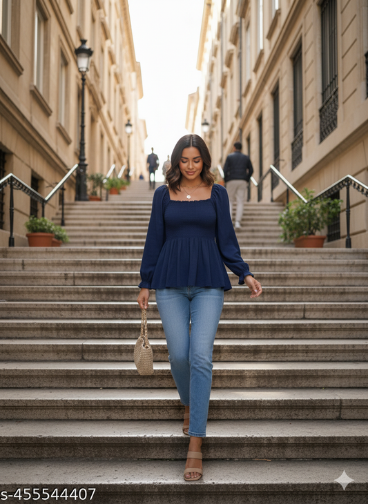Navy Blue Smocked Peplum Top - RX28